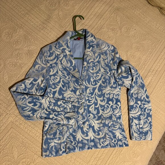 French Blue/Ivory Jaquard fitted and lined blazer with covered buttons, size M - Picture 1 of 10